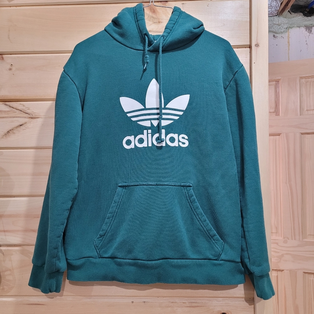 Adidas Mens Hoodie S Teal Green White Hooded Sweater Pullover with Logo Lounge